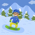 Happy Boy snowboarding in the mountains in winter holiday season vector illustration, design element for poster or Royalty Free Stock Photo