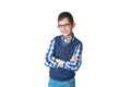 Happy boy in spectacles, vest and shirt. Isolated over white background. Schoolboy. Teenager. Royalty Free Stock Photo