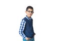 Happy boy in spectacles, vest and shirt. Isolated over white background. Schoolboy. Teenager. Royalty Free Stock Photo