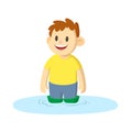 Happy boy standing knee-deep in a puddle, cartoon character design. Flat vector illustration, isolated on white