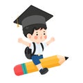 Happy boy student riding flying pencil go to school