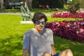 Happy boy in a sunglasses in luzern in switzerland Royalty Free Stock Photo