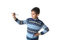 Happy boy sweater is drawing. Isolated over white background. Schoolboy. Teenager