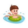 Happy boy swimming with green inflatable buoy, kid having fun in the pool or the sea colorful character Illustration