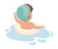 Happy Boy in Swimming Pool Wearing Cap Splashing in Water with Rubber Ring Back View Vector Illustration Royalty Free Stock Photo