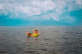 Happy boy swimming at tropical beach, child relax at sea Royalty Free Stock Photo