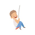 Happy boy swinging on a rope swing, little kid having fun outdoor vector Illustration on a white background