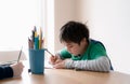 Happy boy using colour pencil drawing or sketching on paper, Portrait kid siting on table doing homework, Child enjoy art and
