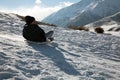 happy boy walking in sunny mountains children's clothing for the mountains close smiling portrait Royalty Free Stock Photo