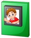 Happy boy waving and looking out of window toy Royalty Free Stock Photo