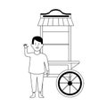 Happy boy waving and pop corn cart icon, flat design Royalty Free Stock Photo