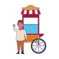 Happy boy waving and pop corn cart icon, flat design Royalty Free Stock Photo