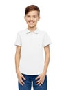 Happy boy in white blank polo t-shirt