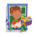 Happy Boy in the Window Giving Wrapped Gift Box Vector Illustration