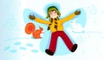 A happy boy in winter clothes lies in the snow and makes an angel out of the snow. Winter New Year s holidays