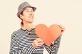 Happy boyfriend holding big red heart. Happy Valentine Day. Be in love. Boyfriend showing love Royalty Free Stock Photo