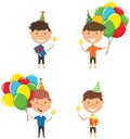 Happy boys carrying colorful wrapped gift boxes, bright balloons Royalty Free Stock Photo