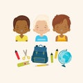 Happy boys different skin color with school supplies