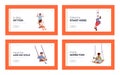 Happy Boys and Girls Swing Landing Page Template Set. Little Children Characters Sit on Rope Teeterboard on Playground