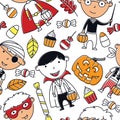 Happy boys in Halloween costumes with sweets seamless pattern.