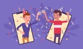 Happy boys hosting online party, gathering to celebrate by smartphone