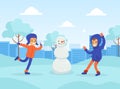 Happy Boys Making Snowman and Playing Snowballs in the Park, Winter Sports Outdoor Activity Cartoon Vector Illustration Royalty Free Stock Photo