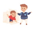 Happy boys playing with cardboard box. Joyful elder and little brothers playing together cartoon vector illustration