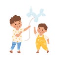 Happy boys playing with twisted inflatable balloon. Joyful kids brothers playing together cartoon vector illustration