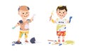 Happy boys stained hands and clothes with paints. Creative kids painting with paintbrushes and paints cartoon vector