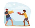 Happy Boys Summer Game, Teens Playing, Shooting with Water Guns in Hot Weather. Children Friends Characters Splashing Royalty Free Stock Photo