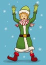 Happy Braided Blond Female Santa's Elf, Vector Illustration