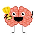 Happy brain cartoon with a golden trophy