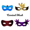 Happy Brazilian Carnival Day. Set of 4 carnival masks on white b Royalty Free Stock Photo