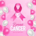 Happy Breast Cancer Day October 19th illustration with pink ribbon balloons on global maps background