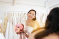 Happy bride asian woman smiling and cheerful with colorful flowers Royalty Free Stock Photo