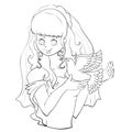 Happy bride in fot and with a dove in hands, outline drawing, isolated object on a white background,
