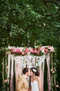 Happy bride and groom in the autumn forest Royalty Free Stock Photo