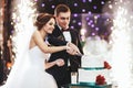 Happy bride and groom cut the wedding cake in the front of fireworks Royalty Free Stock Photo