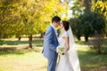 Happy bride, groom dancing in green park, kissing, smiling, laughing. lovers in wedding day. happy young couple in love. Royalty Free Stock Photo