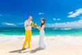 Happy bride and groom drink coconut water on a tropical beach. W Royalty Free Stock Photo