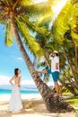 Happy bride and groom having fun on a tropical beach under palm Royalty Free Stock Photo