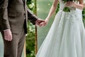 Happy bride and groom holding hands on wedding ceremony, copy space. Wedding couple in love, newlyweds. Royalty Free Stock Photo