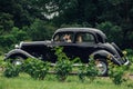 stylish bride and groom sensually posing near retro car with boh Royalty Free Stock Photo