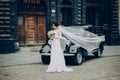 stylish bride and groom sensually posing near retro car with boh Royalty Free Stock Photo