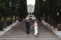 Happy bride and groom near old castle Royalty Free Stock Photo