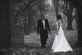 Happy bride and groom posing in the autumn forest Royalty Free Stock Photo