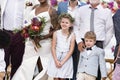 Happy bride and groom in a wedding ceremony at a tropical island Royalty Free Stock Photo