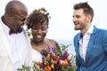 Happy bride and groom in a wedding ceremony at a tropical island Royalty Free Stock Photo