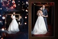 Happy bride and groom on the wedding walk in the modern hotel hall Royalty Free Stock Photo