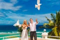 The happy bride and groom with white doves on a tropical beach u Royalty Free Stock Photo